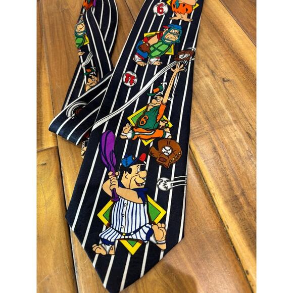Hanna Barbera Vintage Tie THE FLINTSTONES Navy Blue Baseball Bedrock Boulders - Picture 3 of 6
